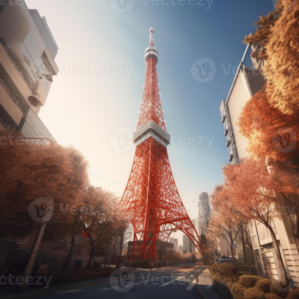 tokyo Torre nel vicino su Visualizza con chiaro blu cielo, famoso punto di riferimento di tokyo, Giappone. generativo ai. foto