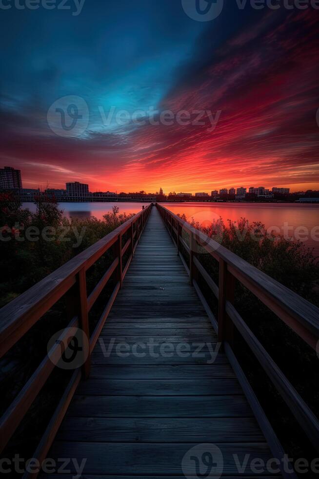 di legno tavola passerella principale per un' bellissimo tramonto su il lago. generativo ai. foto