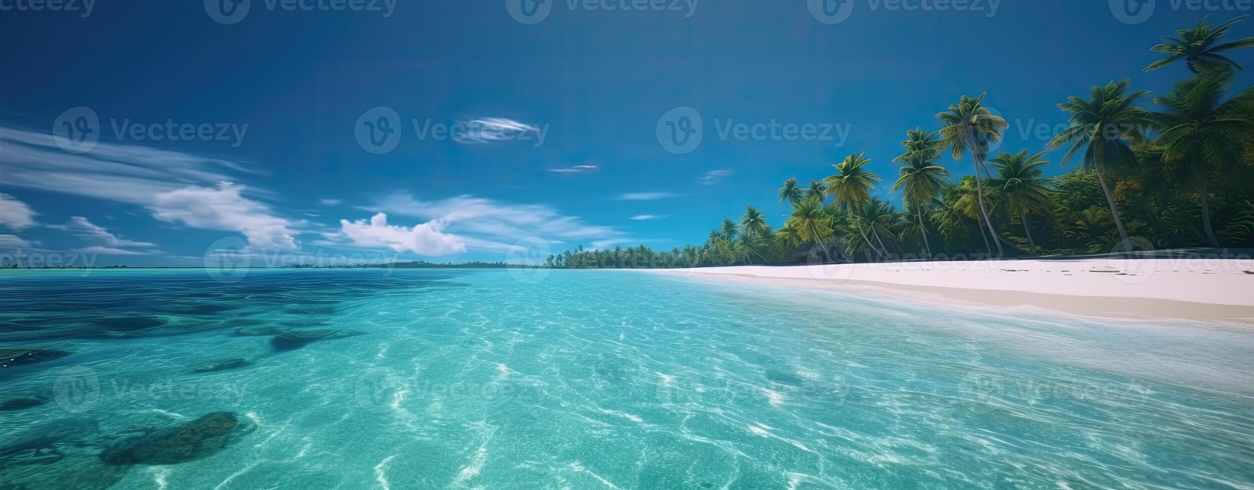 tropicale Paradiso spiaggia con bianca sabbia e cocco palme viaggio turismo largo panorama sfondo concetto. generativo ai. foto