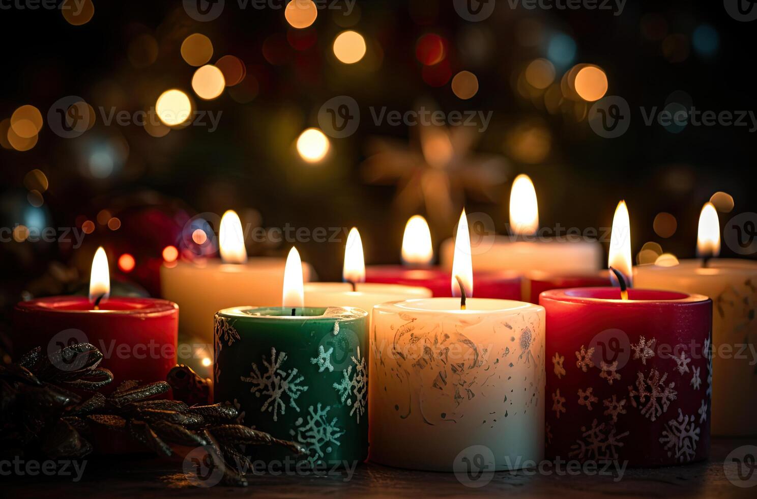 ardente candela e Natale decorazione al di sopra di neve e di legno sfondo. generativo ai. foto