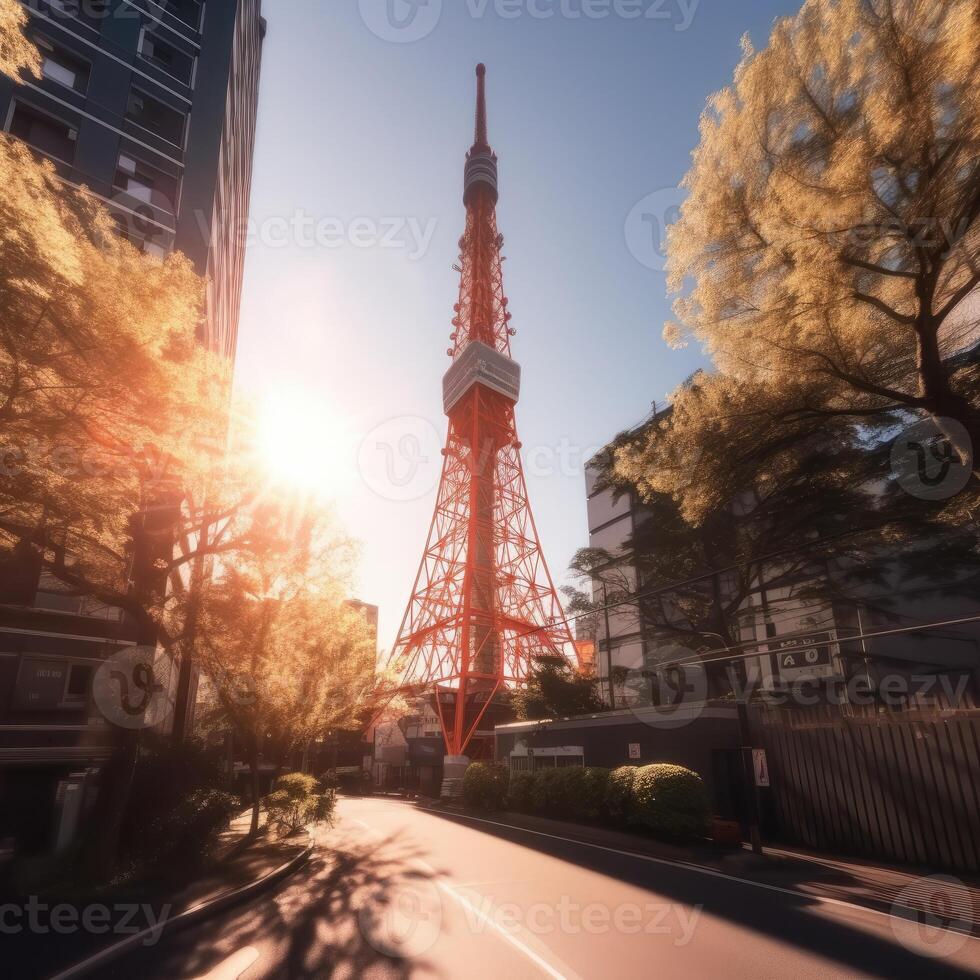 tokyo Torre nel vicino su Visualizza con chiaro blu cielo, famoso punto di riferimento di tokyo, Giappone. generativo ai. foto