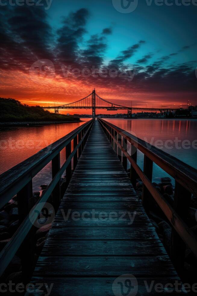 di legno tavola passerella principale per un' bellissimo tramonto su il lago. generativo ai. foto