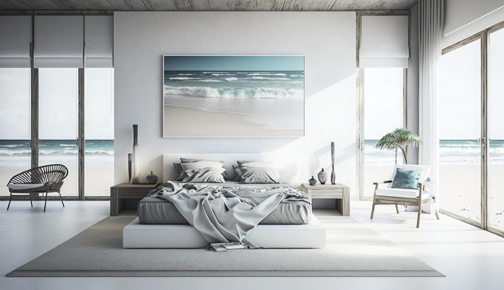 spiaggia Camera da letto interno - moderno e lusso vacanza, 3d rendere, creare ai foto