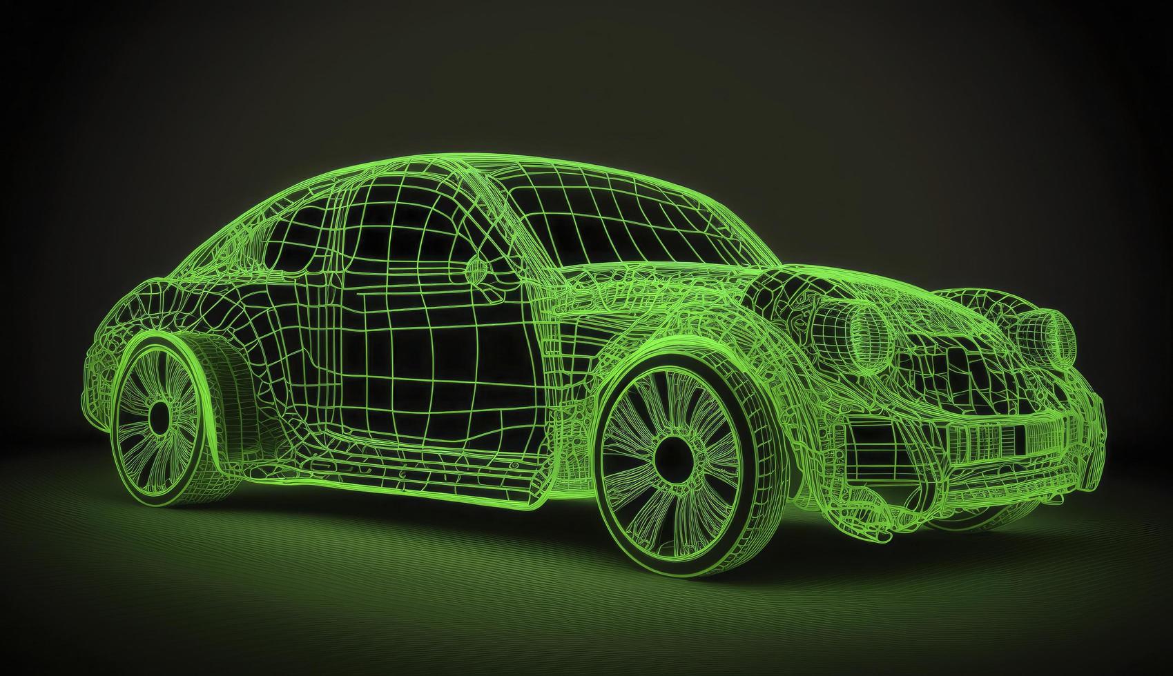 Augmented la realtà di wireframe auto concetto su il strada e futuristico città su il sfondo. professionale 3d interpretazione di proprio progettato generico non esistente auto modello, creare ai foto