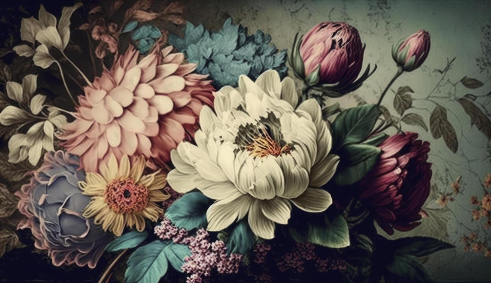 Vintage ▾ mazzo di bellissimo fiori. floreale sfondo. astratto modello con bellissimo primavera fiori. creato con generativo ai foto