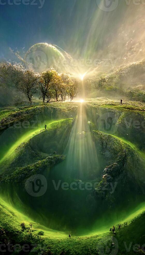 grande buco nel il mezzo di un' lussureggiante verde campo. generativo ai. foto