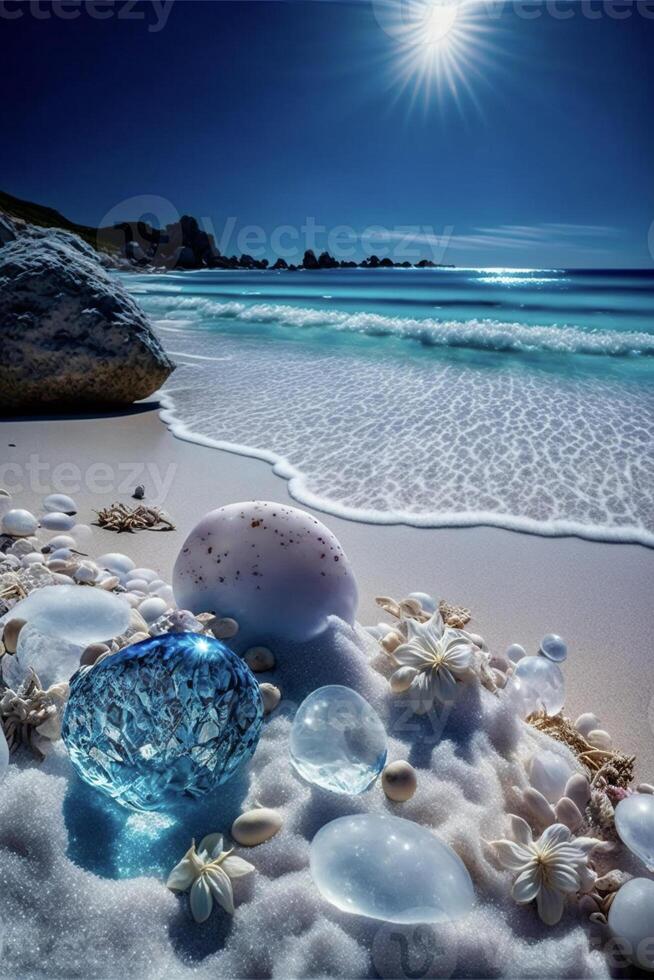 blu diamante seduta su superiore di un' sabbioso spiaggia. generativo ai. foto