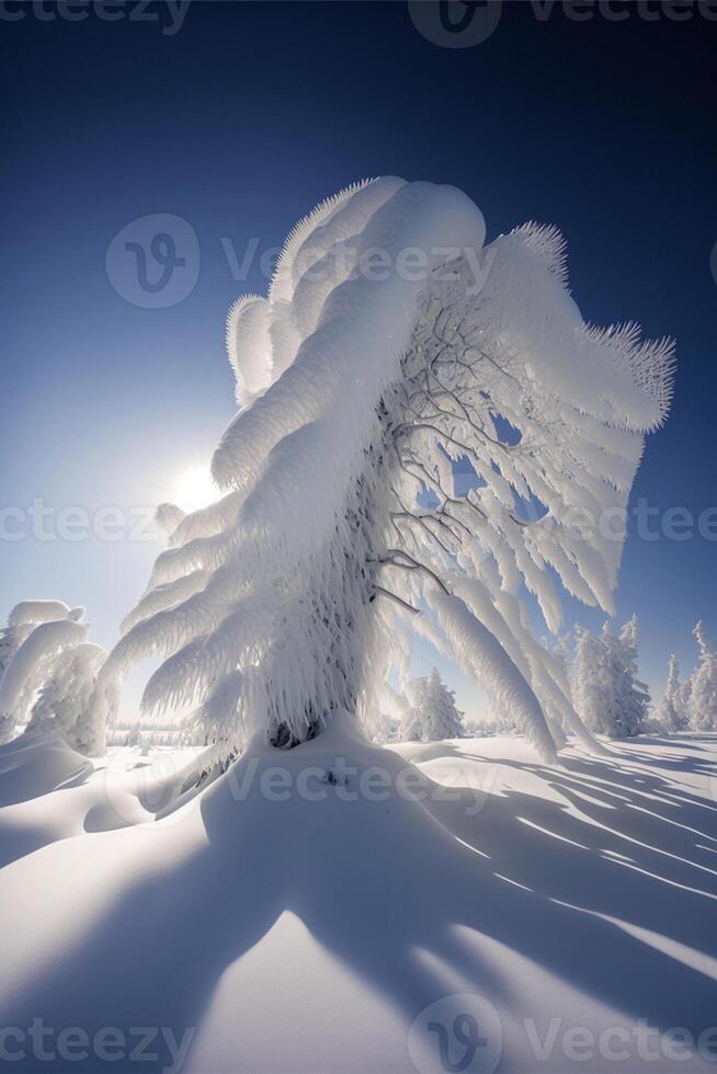 neve coperto albero nel il mezzo di un' nevoso campo. generativo ai. foto