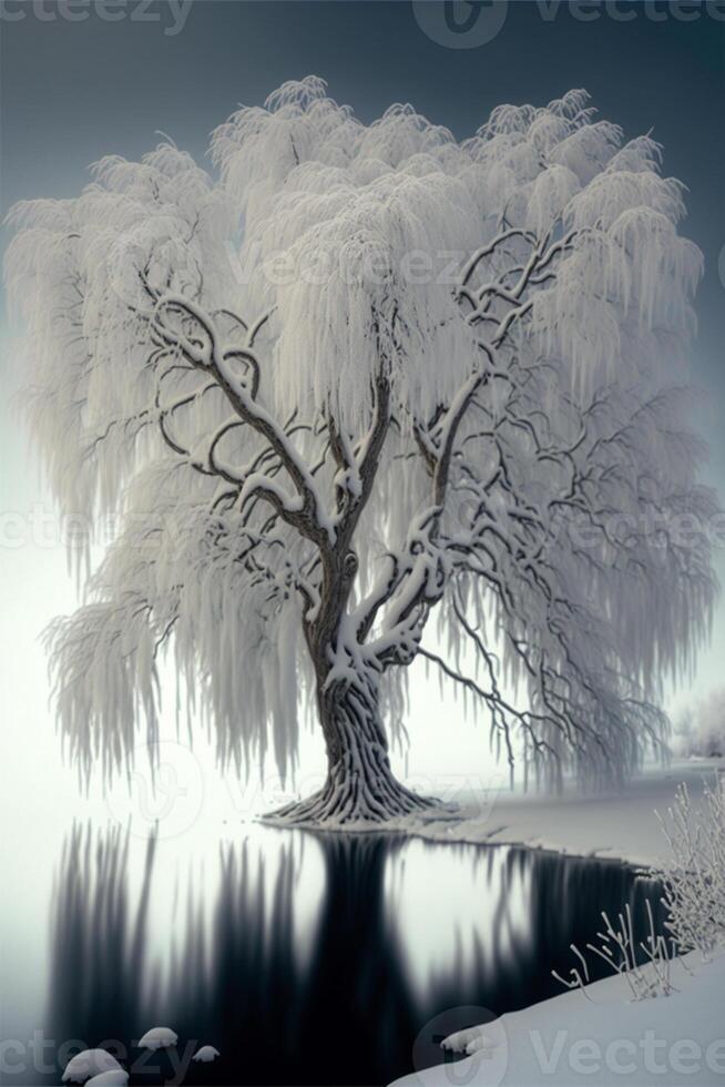 albero coperto nel neve Il prossimo per un' corpo di acqua. generativo ai. foto