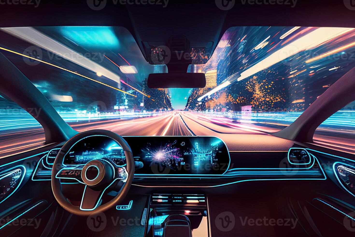 artificiale intelligenza gestisce trasporto. tecnologico auto senza un' autista. ai e automobile futuro informatica generativo ai illustrazione foto