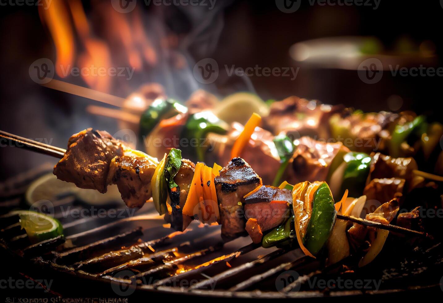 generativo ai illustrazione di infilzato shish kebab, kebab - grigliato carne spiedini, verdure su nero di legno sfondo. carne spiedini nel un' barbecue foto