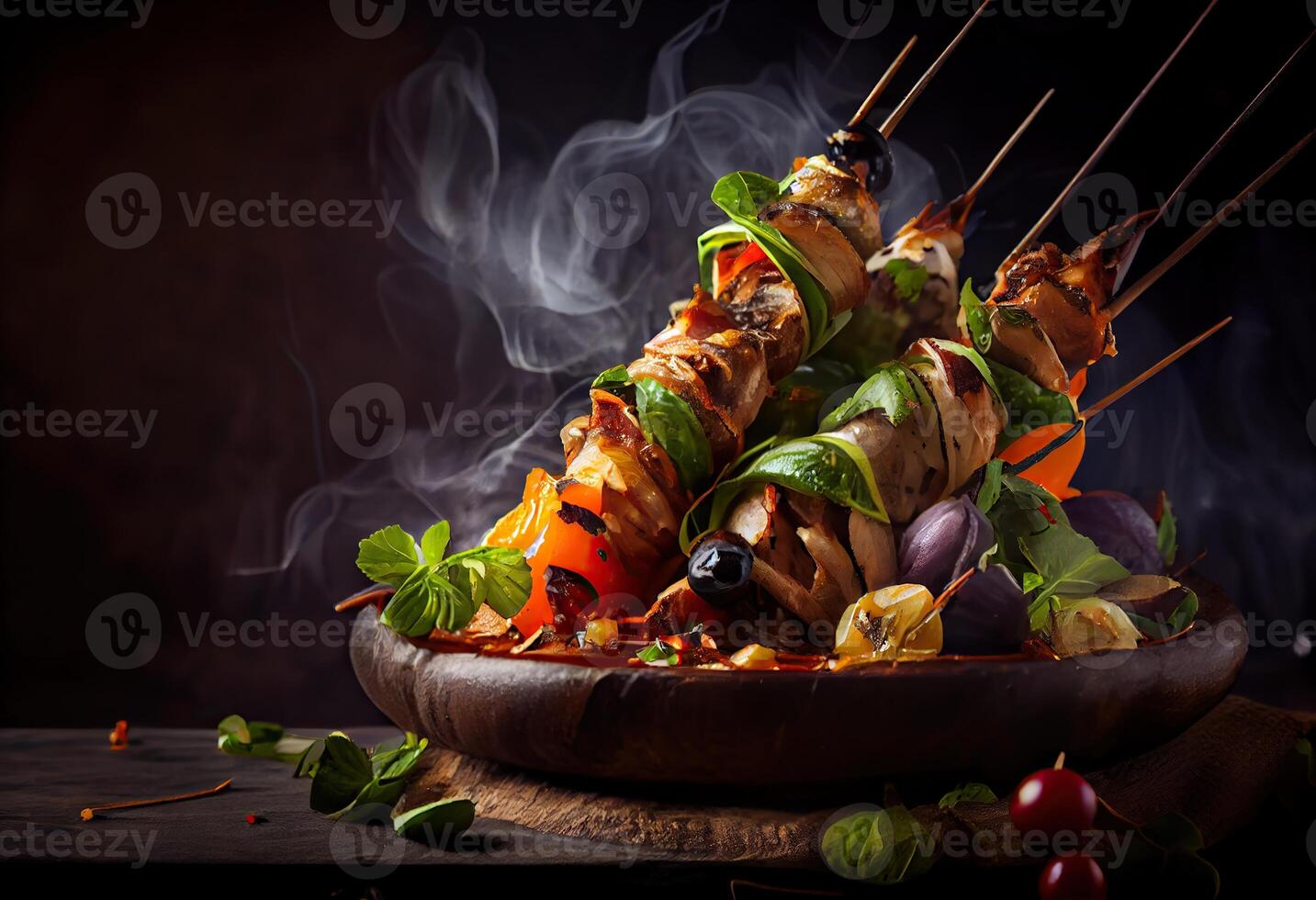 generativo ai illustrazione di infilzato shish kebab, kebab - grigliato carne spiedini, verdure su nero di legno sfondo. carne spiedini nel un' barbecue foto