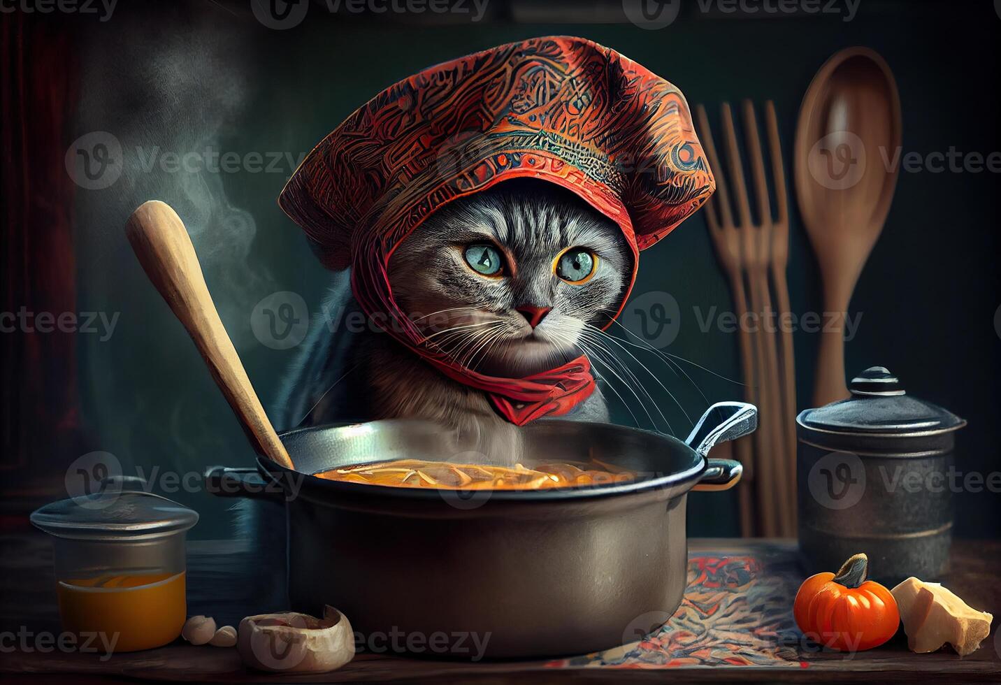 generativo ai illustrazione di carino gatto con cucinando cappello cucinando la minestra a un' ristorante, buio colori, colorato foto