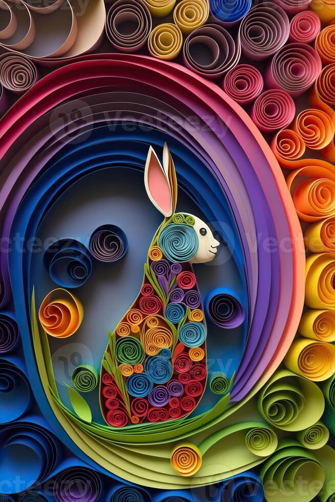 generativo ai illustrazione di quilling carta arte, carino bambino coniglio come Pasqua coniglietto seduta nel Pasqua uovo come Pasqua sotto albero, sfondo sfondo design nel Pasqua vacanza foto