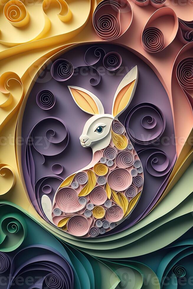 generativo ai illustrazione di quilling carta arte, carino bambino coniglio come Pasqua coniglietto seduta nel Pasqua uovo come Pasqua sotto albero, sfondo sfondo design nel Pasqua vacanza foto