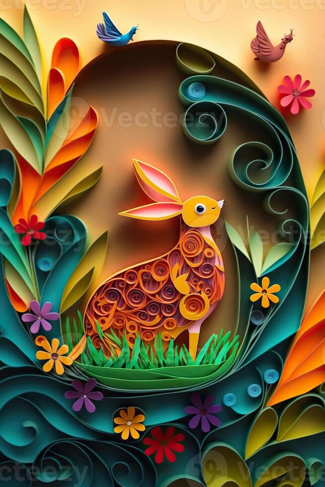 generativo ai illustrazione di quilling carta arte, carino bambino coniglio come Pasqua coniglietto seduta nel Pasqua uovo come Pasqua sotto albero, sfondo sfondo design nel Pasqua vacanza foto