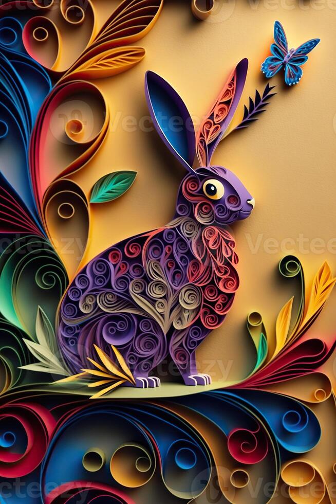 generativo ai illustrazione di quilling carta arte, carino bambino coniglio come Pasqua coniglietto seduta nel Pasqua uovo come Pasqua sotto albero, sfondo sfondo design nel Pasqua vacanza foto