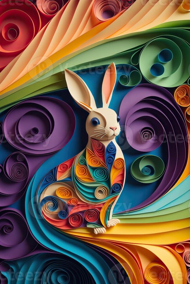 generativo ai illustrazione di quilling carta arte, carino bambino coniglio come Pasqua coniglietto seduta nel Pasqua uovo come Pasqua sotto albero, sfondo sfondo design nel Pasqua vacanza foto