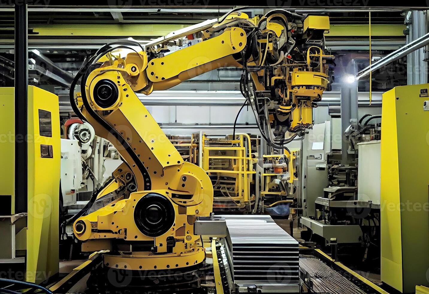 generativo ai illustrazione di inteligente fabbrica, robotica braccio, industria 5.0, auto montaggio linea, auto produttore, 3d robot automatizzato squadra Lavorando, futuro processi futuristico industria ingegneria sfondo foto