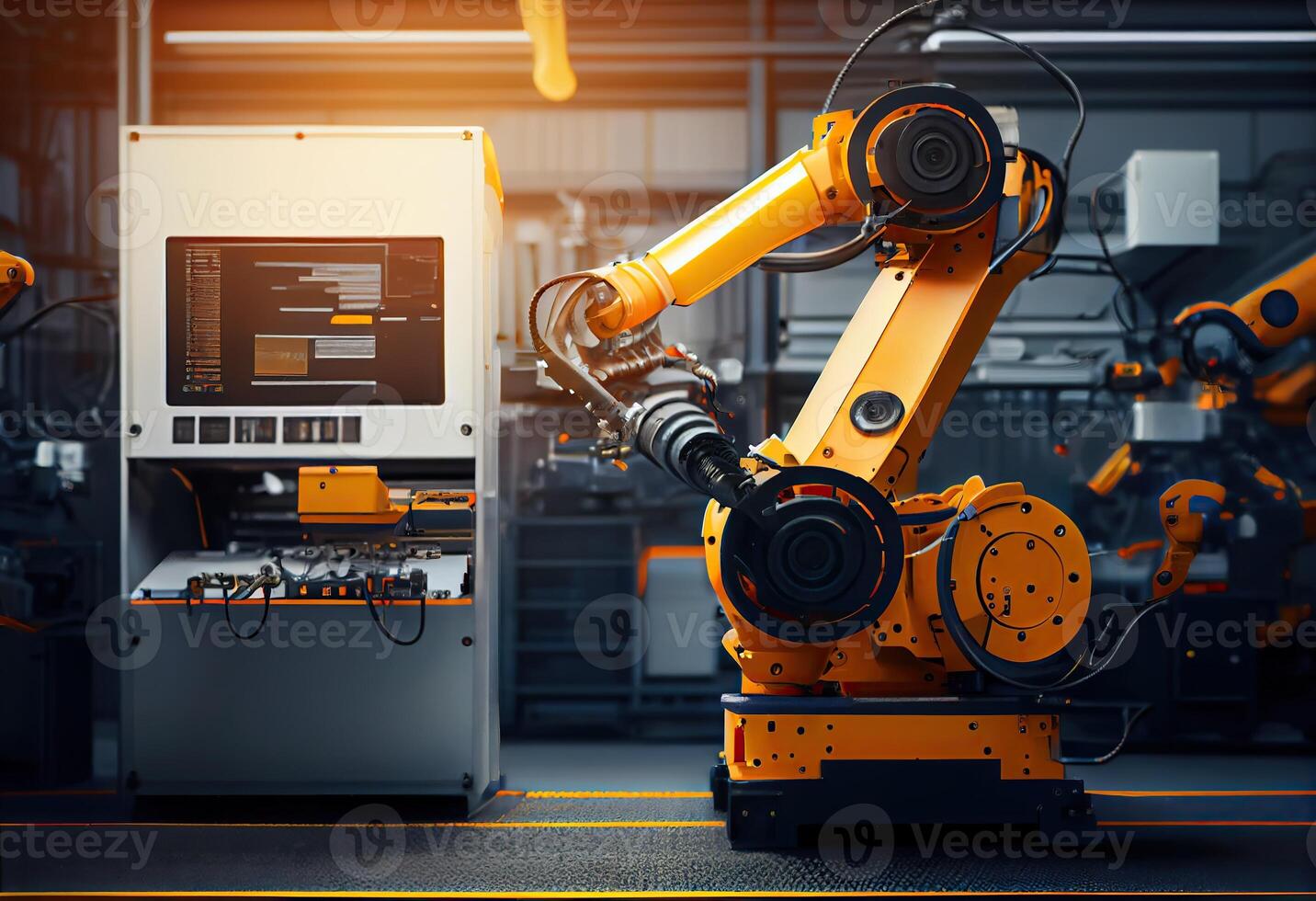 generativo ai illustrazione di inteligente fabbrica, robotica braccio, industria 5.0, auto montaggio linea, auto produttore, 3d robot automatizzato squadra Lavorando, futuro processi futuristico industria ingegneria sfondo foto