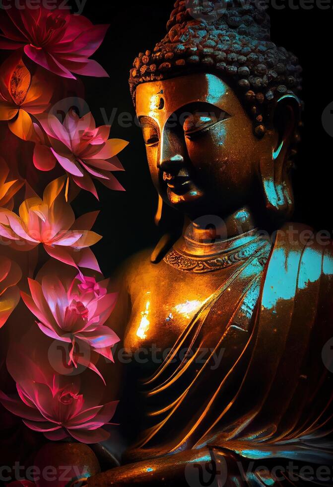 generativo ai illustrazione di astratto realistico buddha, fiori, Magia illuminazione, bellissimo metallico e pietra colori, dettagliato, naturale illuminazione, naturale ambiente. foto