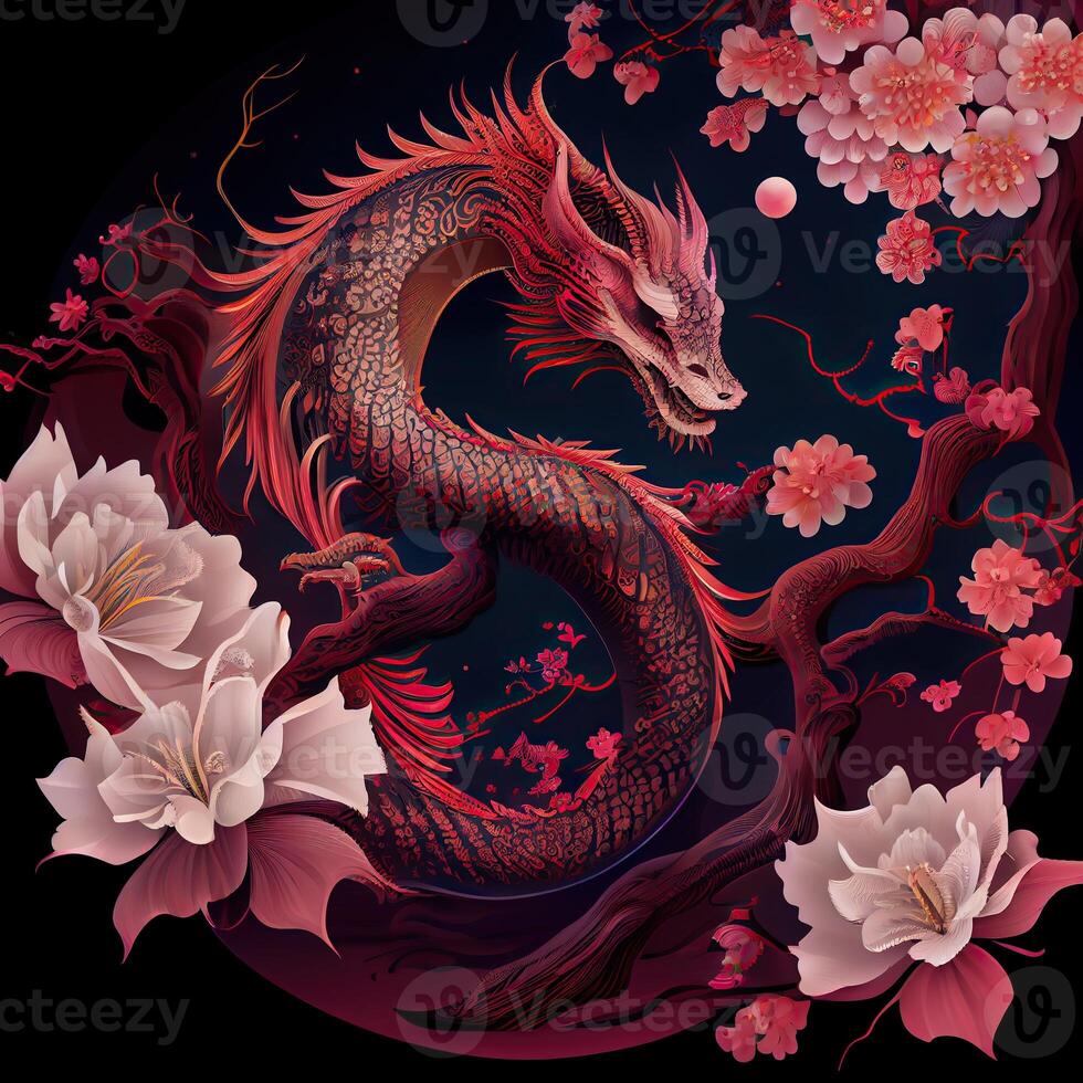 generativo ai illustrazione di Cinese Drago, astrale sfondo, Cinese zodiaco sfondo, ciliegia fiore, fiori, Cinese nuovo anno. foto
