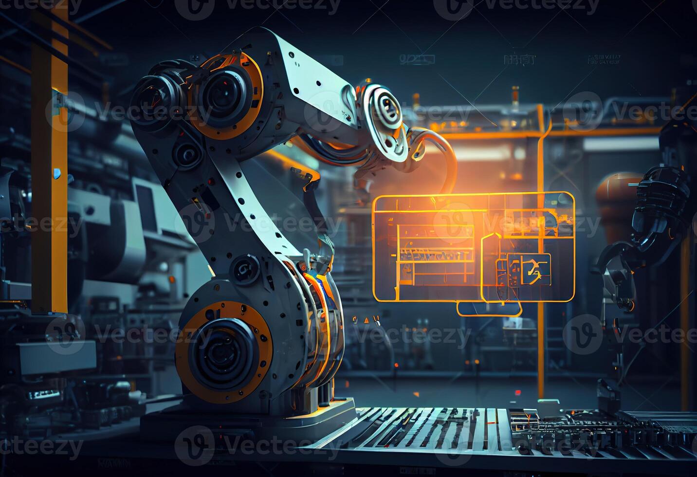 generativo ai illustrazione di inteligente fabbrica, robotica braccio, industria 5.0, auto montaggio linea, auto produttore, 3d robot automatizzato squadra Lavorando, futuro processi futuristico industria ingegneria sfondo foto