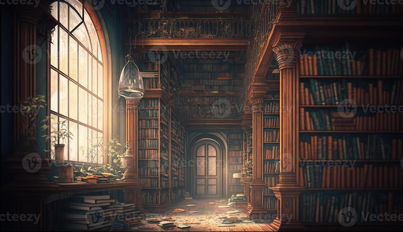 generativo ai illustrazione di vecchio biblioteca o libreria con molti libri su scaffali foto
