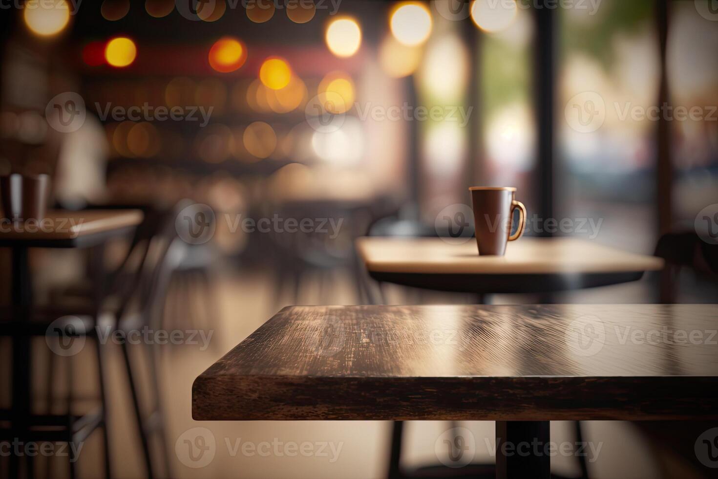 generativo ai illustrazione di sfocato sfondo di un' bar o ristorante Caratteristiche un vuoto di legno tavolo foto