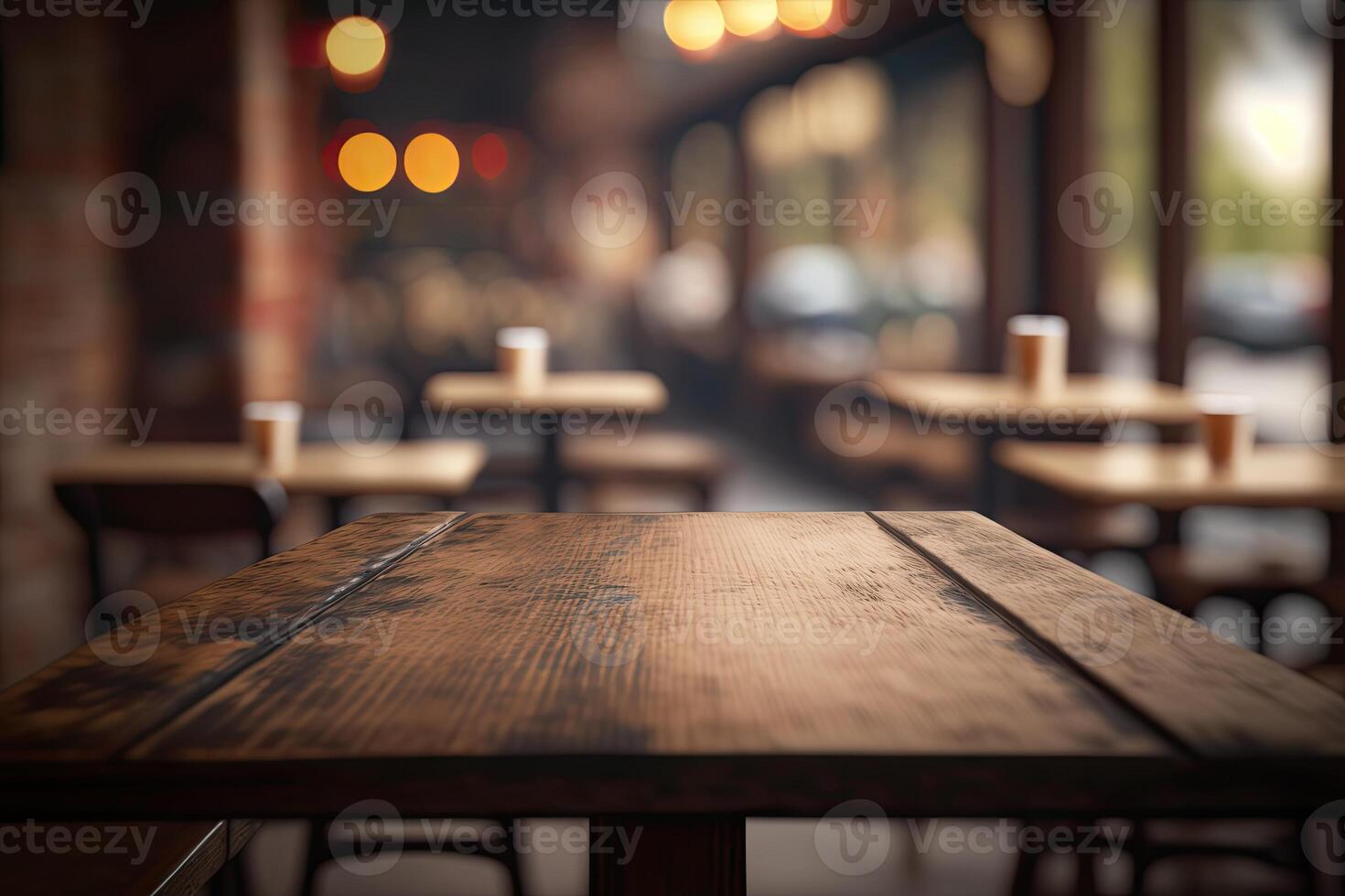 generativo ai illustrazione di sfocato sfondo di un' bar o ristorante Caratteristiche un vuoto di legno tavolo foto