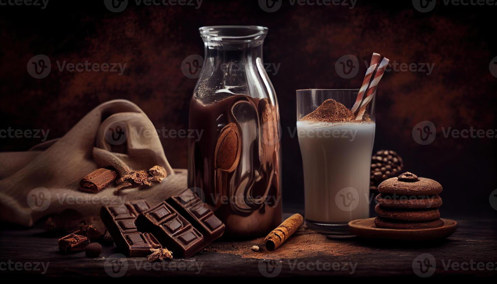 generativo ai illustrazione di cannella, buio cioccolato con latte e caramella dolce, copia spazio, selettivo messa a fuoco foto