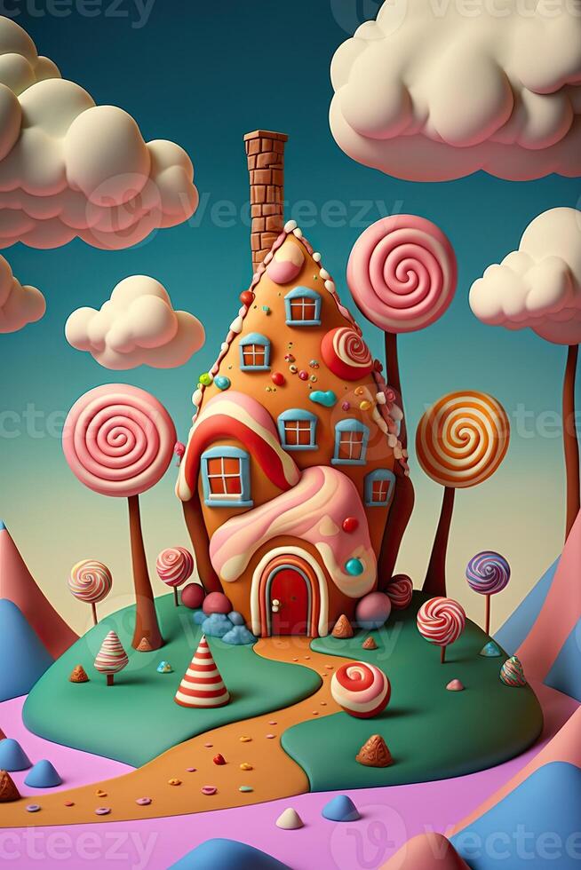 generativo ai illustrazione di un' dolce e magico mondo con caramella terra paesaggio e Pan di zenzero fantasia Casa foto