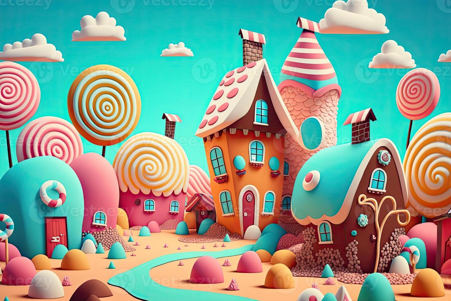 generativo ai illustrazione di un' dolce e magico mondo con caramella terra paesaggio e Pan di zenzero fantasia Casa foto