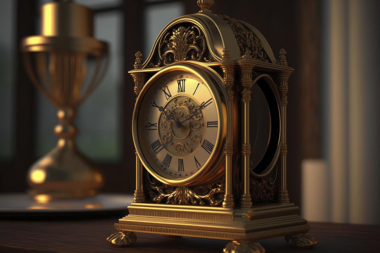 oro orologio su un' di legno tavolo, 3d rendering, steampunk foto