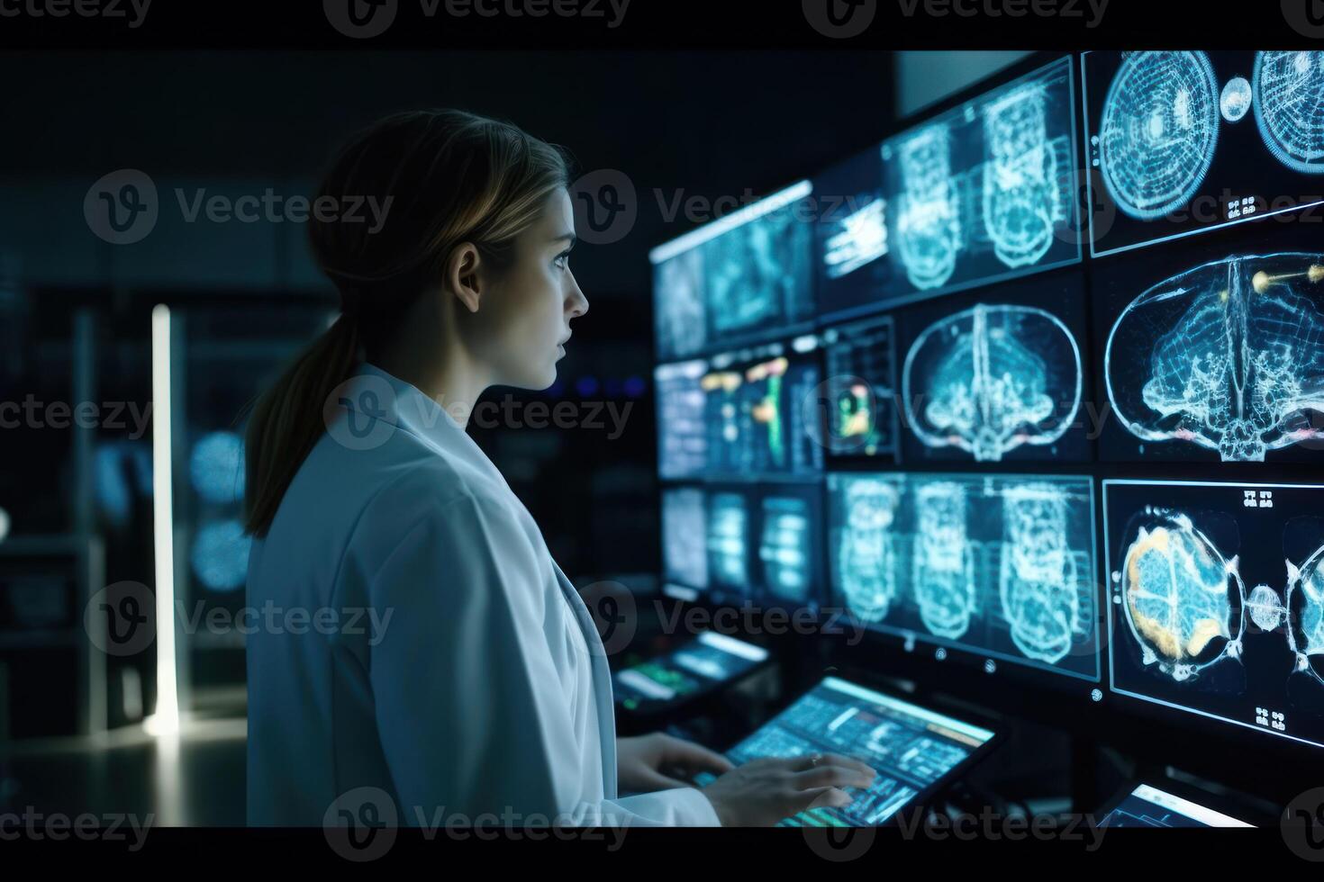 femmina medico utilizzando computer nel contemporaneo Ospedale, in mostra medico ricerca e sviluppo, generativo ai. foto
