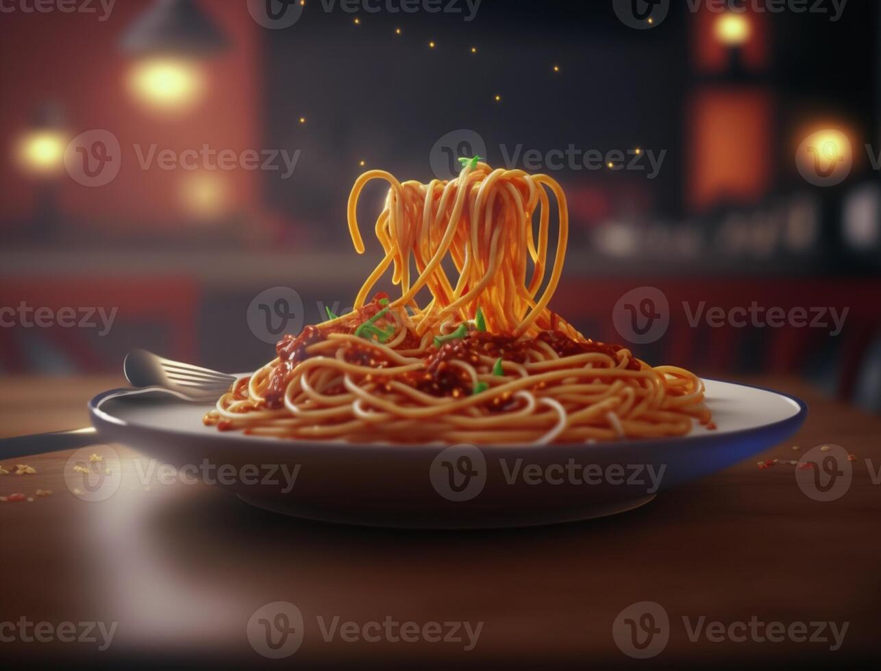 italiano cibo. spaghetti pasta nel nero piatto su buio sfondo. generativo ai foto