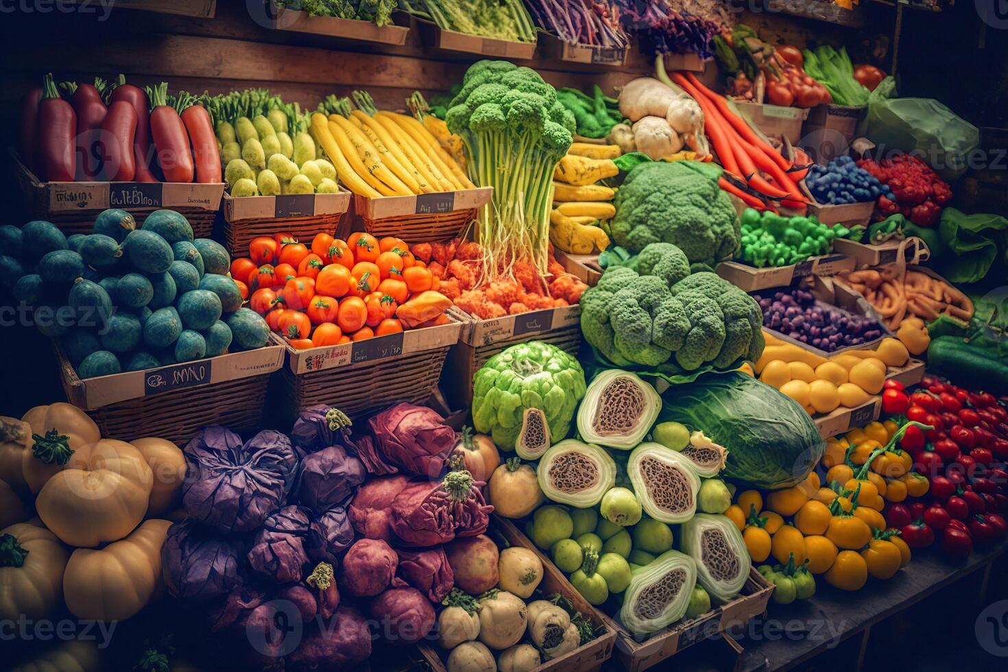 generativo ai illustrazione di verdura contadino mercato contatore colorato vario fresco biologico salutare verdure a drogheria negozio. salutare naturale cibo concetto foto