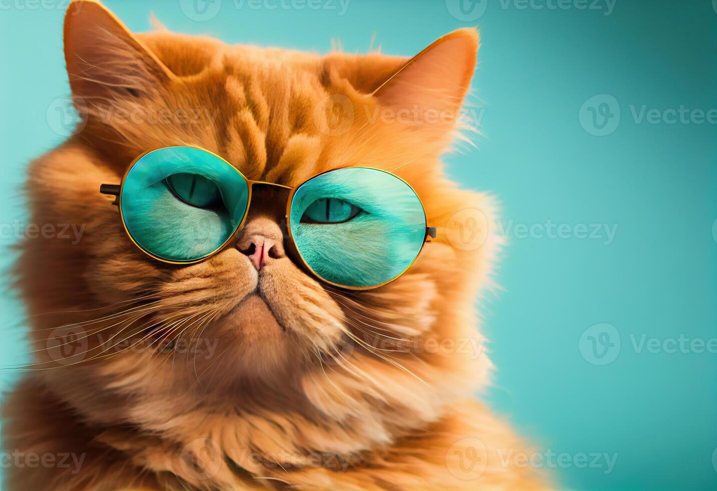 generativo ai illustrazione di avvicinamento ritratto di divertente gatto indossare occhiali da sole isolato su pastello sfondo. surreale fantasia, copyspace foto