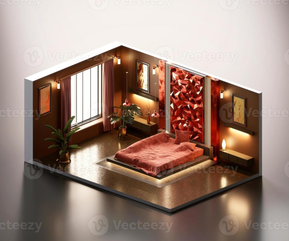 isometrico Visualizza letto camera moderno lusso stile Aperto dentro interno architettura, 3d interpretazione digitale arte. foto