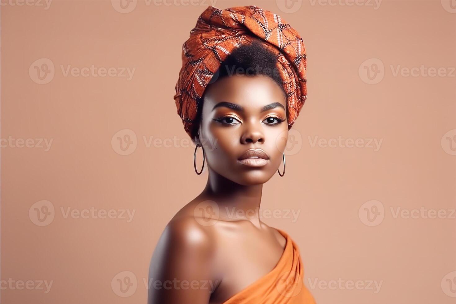 africano carino ragazza nel un' nazionale copricapo. rosa e Marrone sfondo. studio ritratto. generativo ai foto