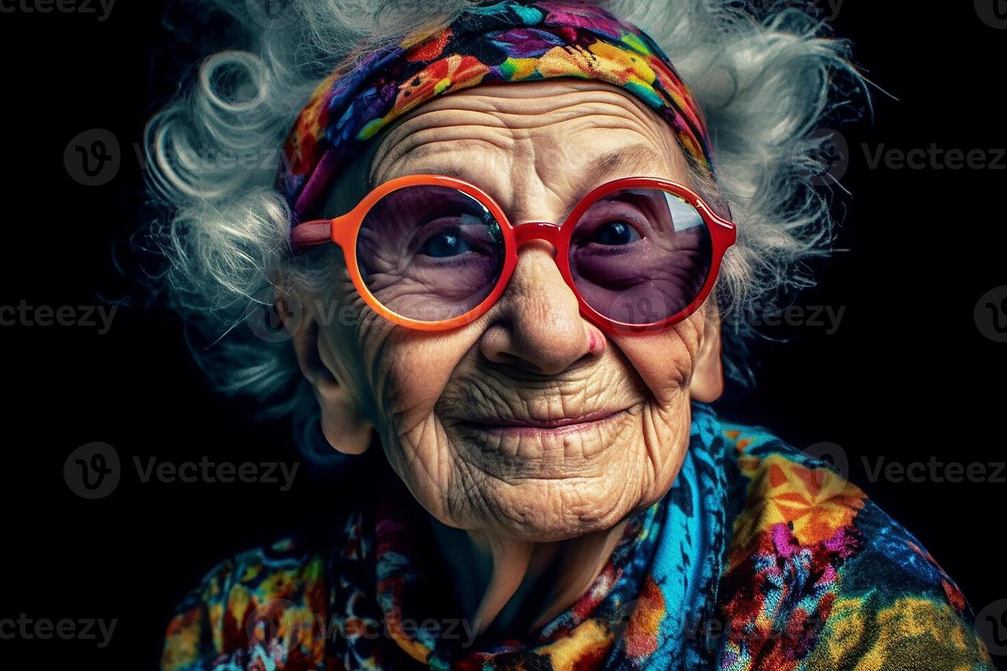 ritratto di un vecchio sorridente nonna indossare occhiali da sole. il gioventù di il anima. generativo ai foto