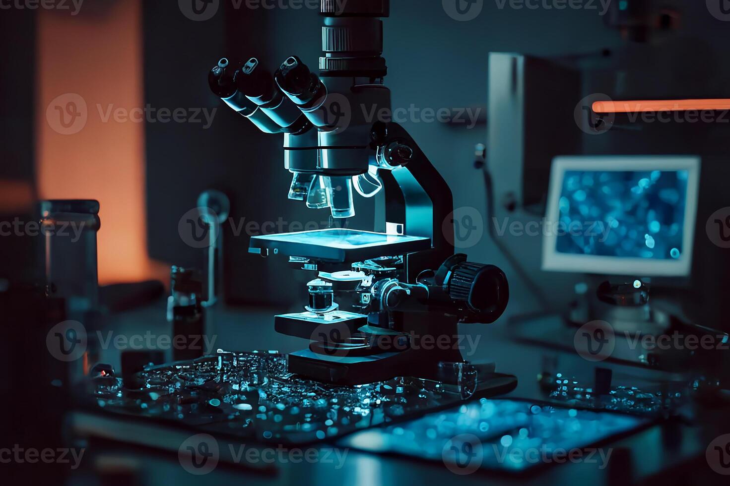 microscopio nel il laboratorio, medico microscopio nel il stanza buia. generativo ai foto