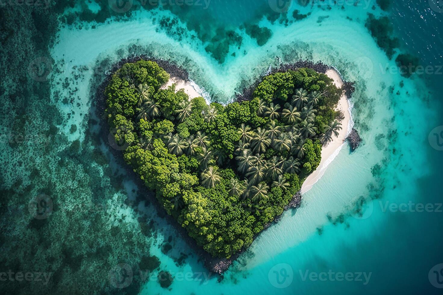 a forma di cuore isola, un' tropicale isola circondato di il mare. tropicale Paradiso sfondo. generativo ai foto