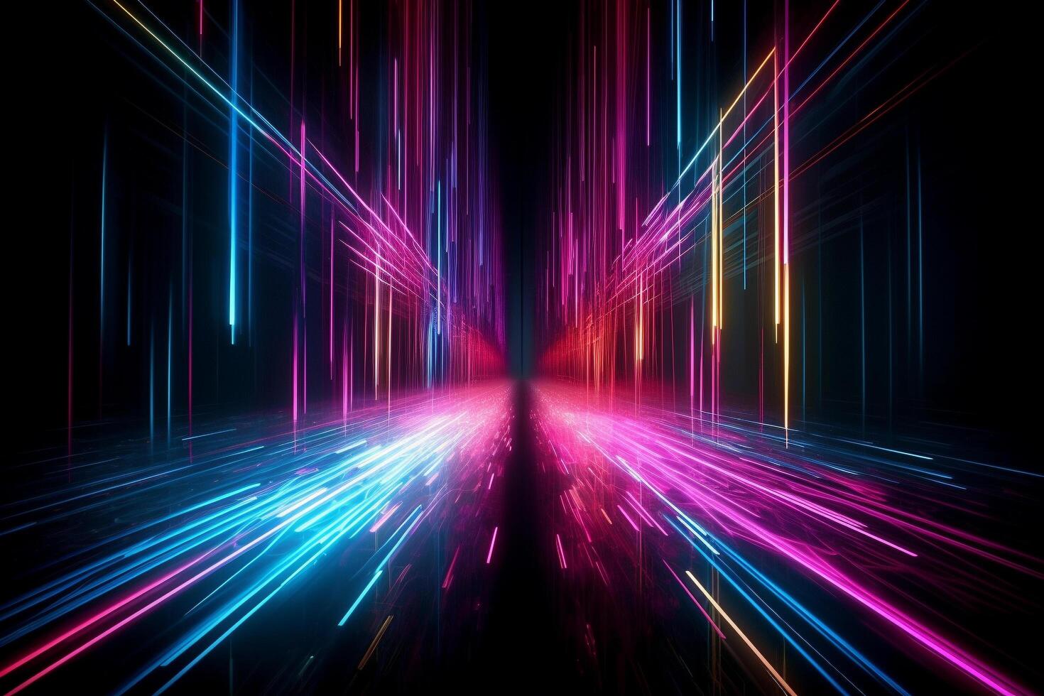 rosa e blu neon Linee radiante un' luminoso splendore nel il ultravioletto spettro. il informatica spazio e laser mostrare elementi creare un' dinamico e futuristico ambiente, ai generativo foto