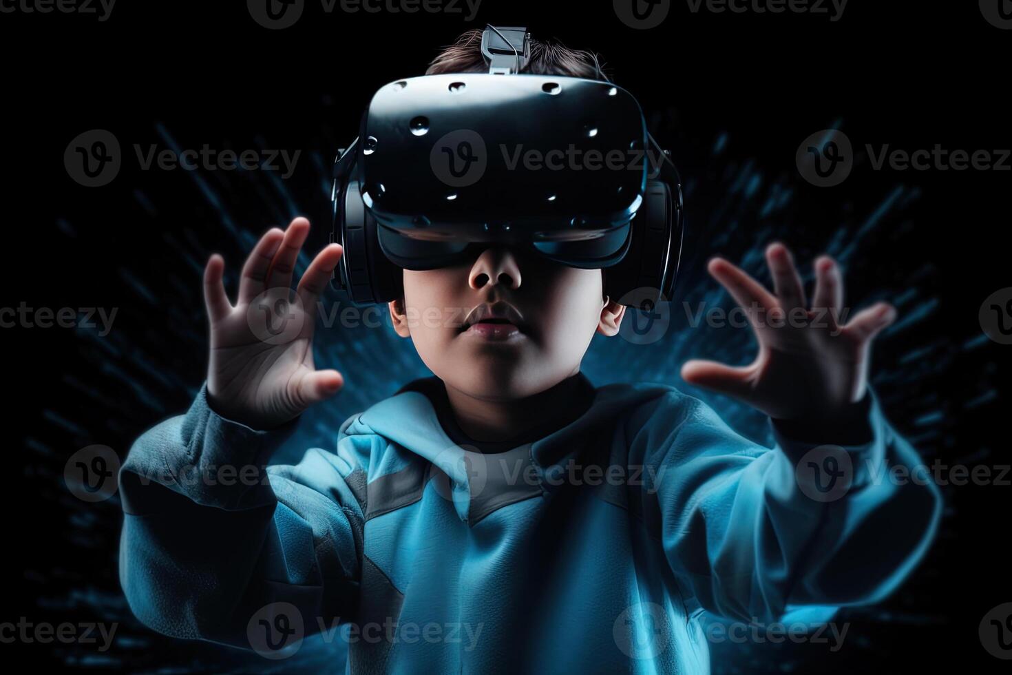 un' ragazzo indossare un' virtuale la realtà cuffia nel il stile di blu e nero. ai generato foto