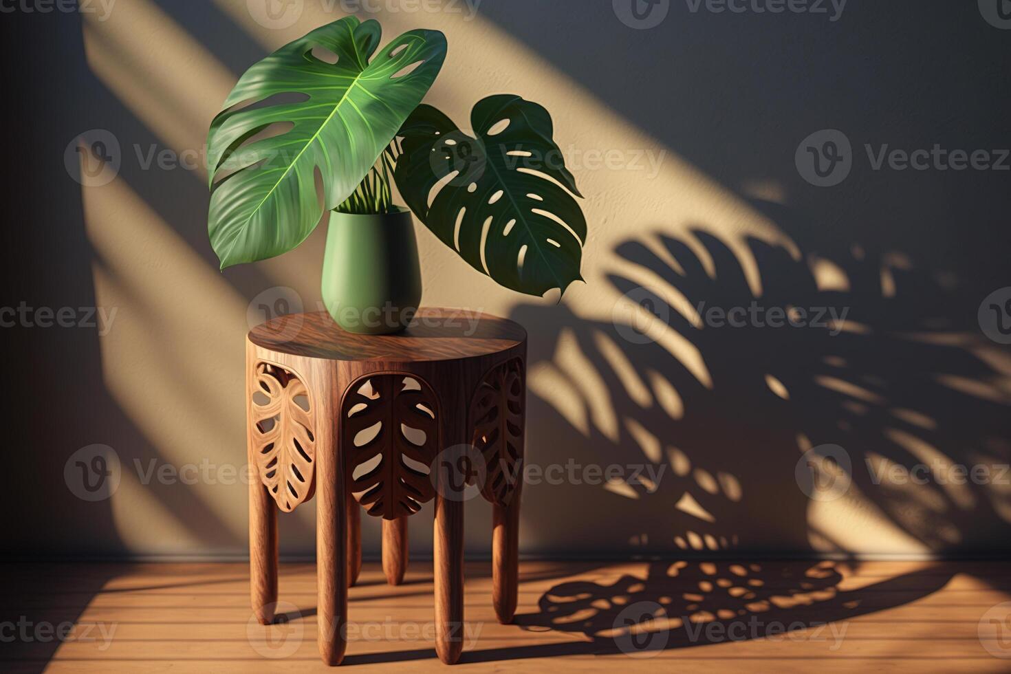 di legno tavolo con bellissimo illuminata dal sole verde tropicale pianta le foglie e ombre su beige parete. ai generato foto