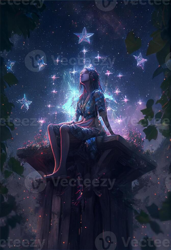 donna seduta su superiore di un' roccia sotto un' stella pieno cielo. generativo ai. foto