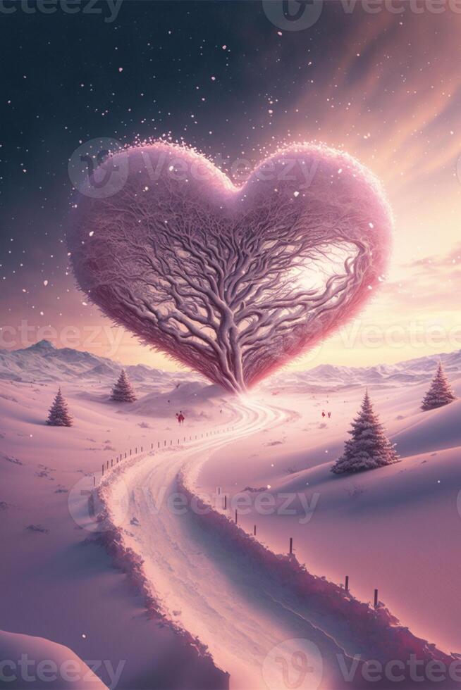 cuore sagomato albero nel il mezzo di un' nevoso paesaggio. generativo ai. foto