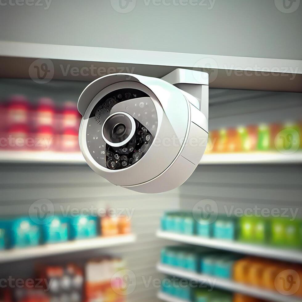 in linea sicurezza cctv telecamera sorveglianza sistema nel un' drogheria negozio, sfondo con sfocato scaffali con merce. ai generato illustrazione foto