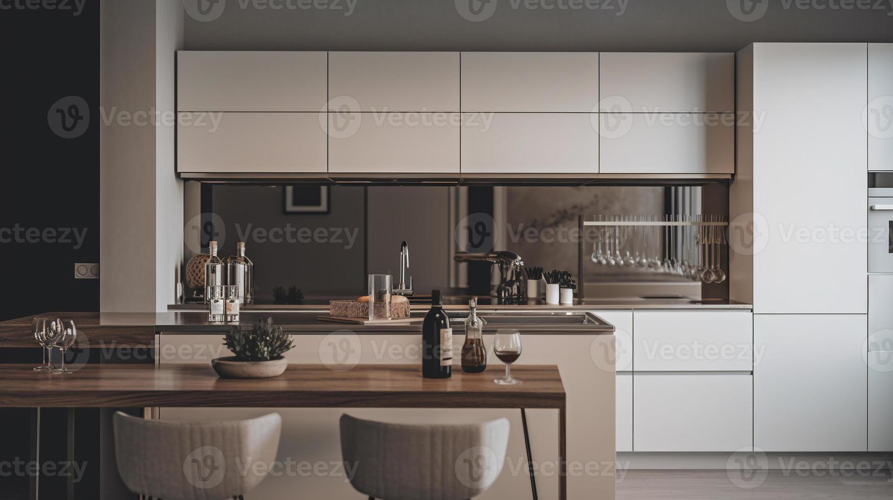 semplice minimalista moderno cucina accogliente confortevole e elegante per Casa e appartamento, mobiletto, cucina lavello, e alcuni cucina elettrodomestici, pranzo camera, bene interno. foto